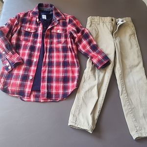 Gap red & blue flannel shirt, blue ls thermal henley top, flannel lined khakis